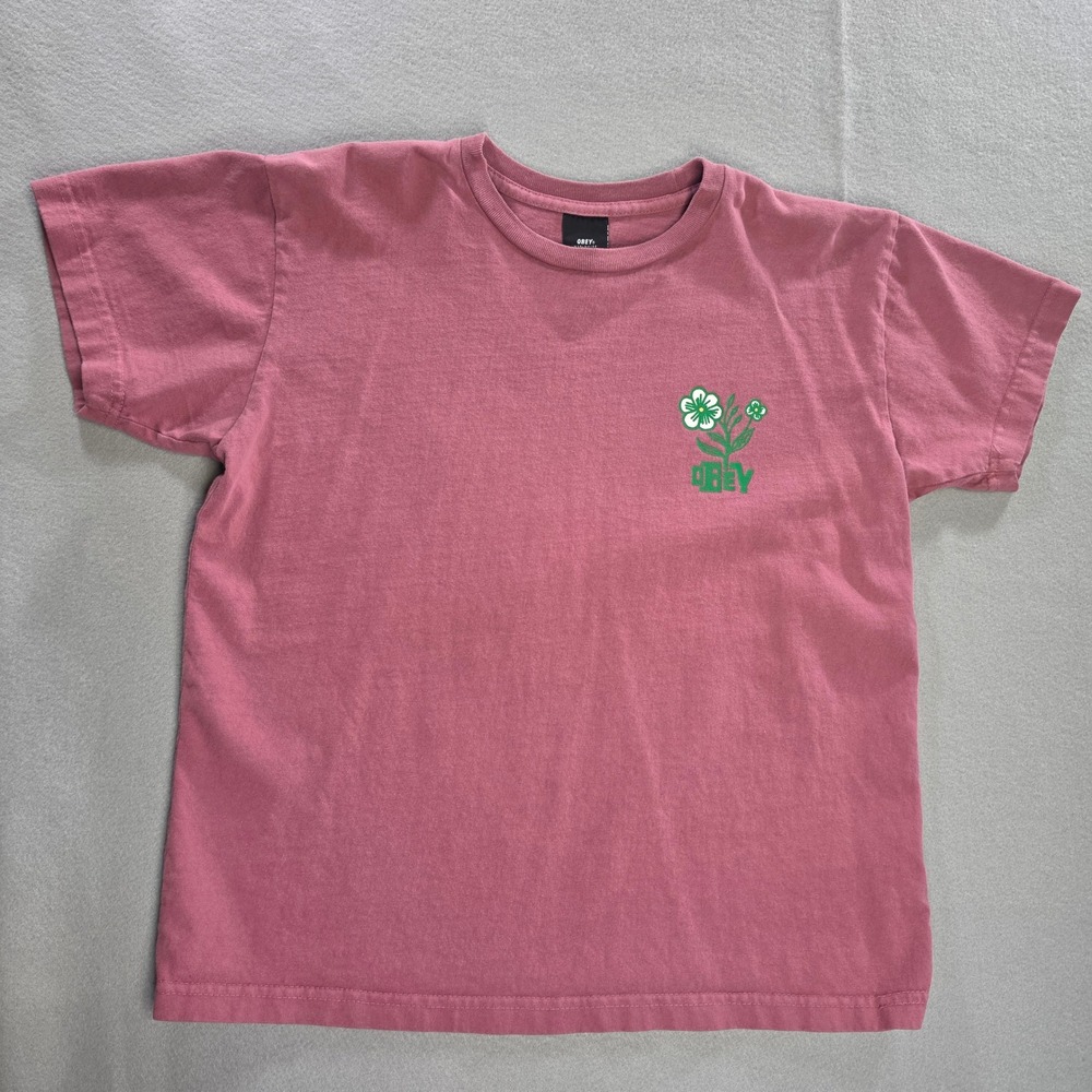 Obey Streetwear Skater Floral Graphic Tee Medium Pink Cotton Casual Indie Boho